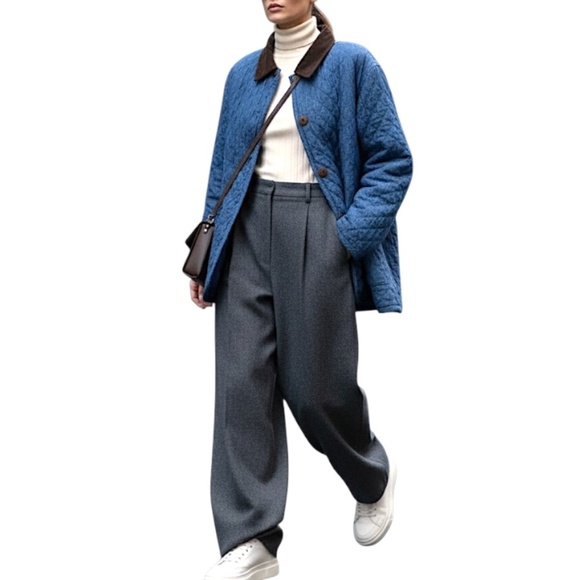 VTG quilted blue denim boxy oversize cord collar jean barn jacket chore jacket M - Picture 5 of 14